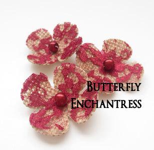 Свадьба - Bridal Hair Accessories, Burgundy Wedding Hair Flowers - 3 Natural Burlap Crimson Red Lace Lila Hydrangea Flower Bobby Pins - Pearl Centers