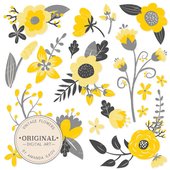 Wedding - Premium Yellow Flowers Clipart & Floral Vectors - Yellow Floral, Vintage Flowers, Flower Clip Art, Vector Flowers