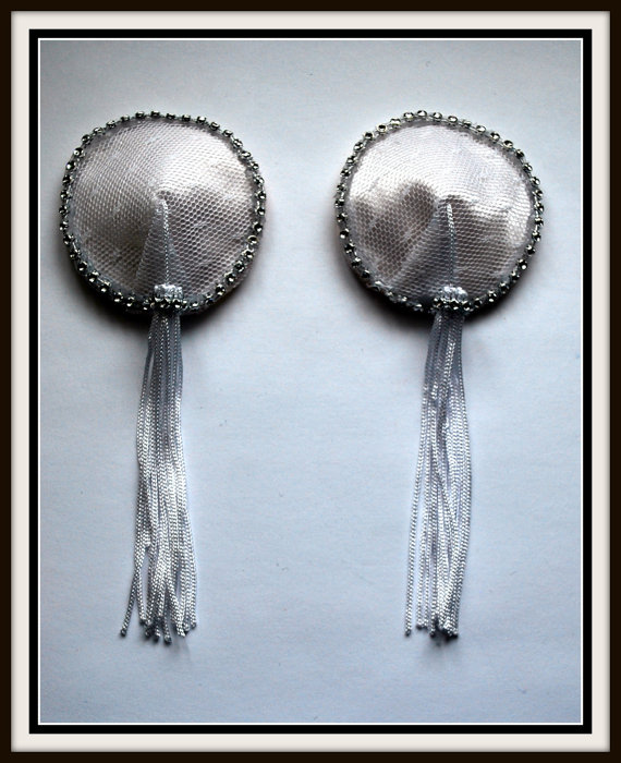 Wedding - Burlesque Style Bridal Pasties in White Lace and Jeweled Crystals & Easy White Twirl Tassels