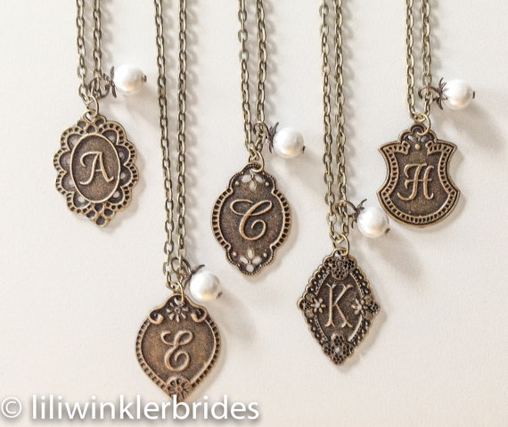 Mariage - Personalized Bridesmaid Necklace, Vintage Bridesmaid Gifts, Vintage Wedding, Maid of Honor, Letter, Initial, Alphabet  Jewelry