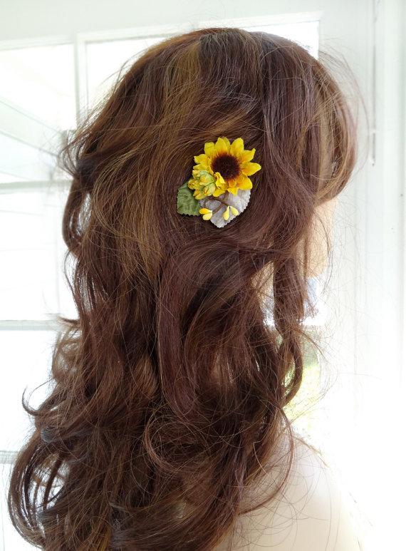 زفاف - sunflower hair clip, bridesmaid hair accessories, floral hair clip, yellow flower for hair, yellow hair clip, hair piece, rustic wedding