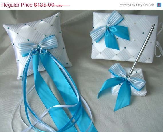 Wedding - 10% off 3 Pieces Set Wedding Guest Book, Pen Set Holder and Ring Bearer Pillow Wedding Accessories Custom Made to your Colors