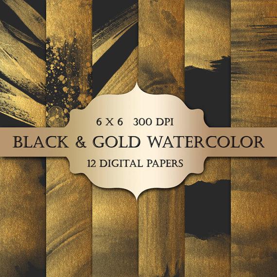 Gold Watercolor Digital Papers Black Gold Glitter Watercolor 