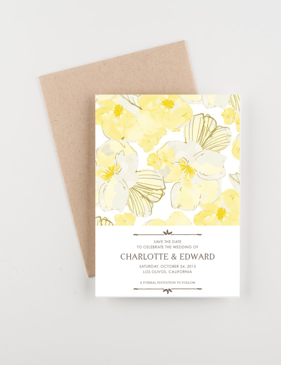 زفاف - Yellow Floral Watercolor Save The Date, Bridal Shower, Wedding Invitation