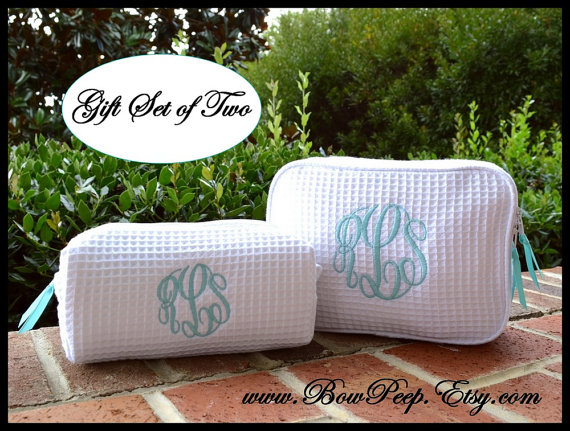 Wedding - Personalized Cosmetic Bag Gift Set of 2 Large and Small Size Bags -  Two Monogrammed makeup bags, bridesmaids cosmetic, monogram toiletries