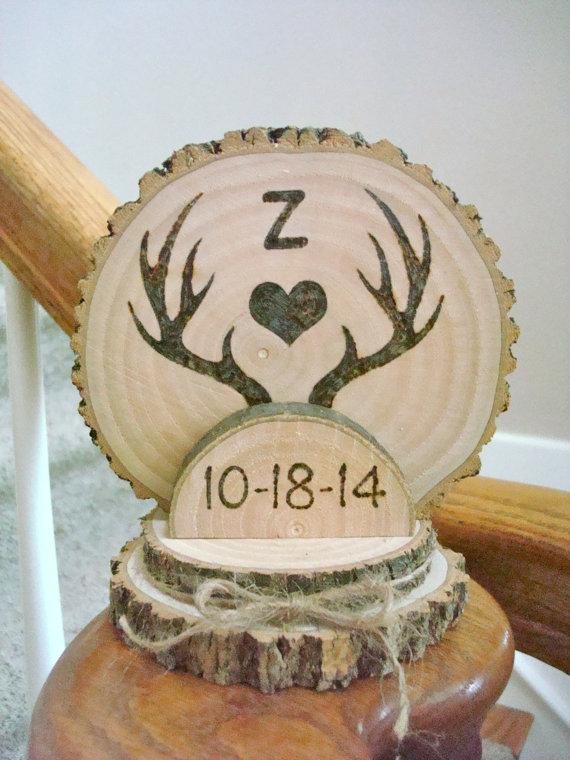 Hochzeit - Custom Rustic Wedding Cake Topper Wood Burned Deer Antlers Romantic