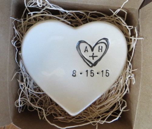 Wedding - monogram ring dish, engagement ring holder,  custom ceramic  heart shaped jewelry bowl,  Black and White Pottery,  Gift Boxed