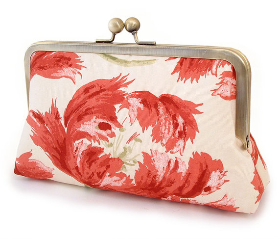 Wedding - SALE: Clutch bag, bridesmaid purse, red tulip flowers, wedding accessory