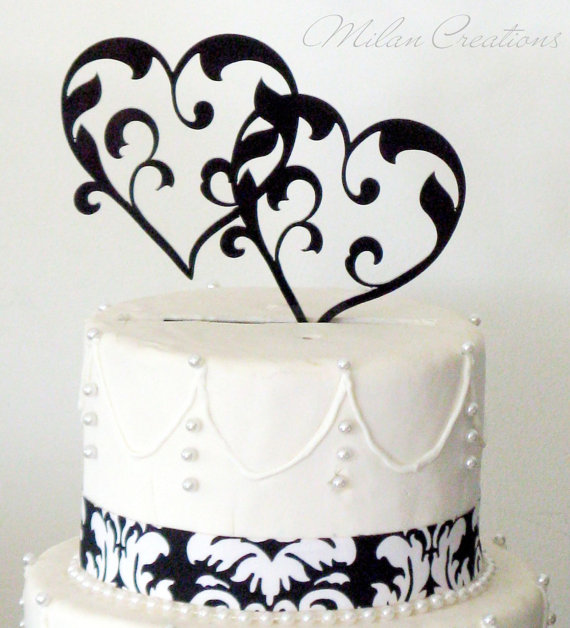 Hochzeit - Joined Hearts Wedding Cake Topper in Black Silver or Gold