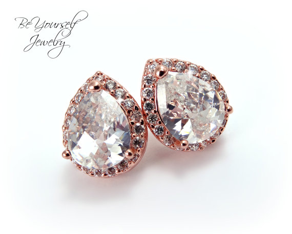 Свадьба - Rose Gold Bridal Earrings Cubic Zirconia Teardrop Stud Earrings White Crystal Pink Gold Sterling Silver Post Bridesmaid Gift Wedding Jewelry