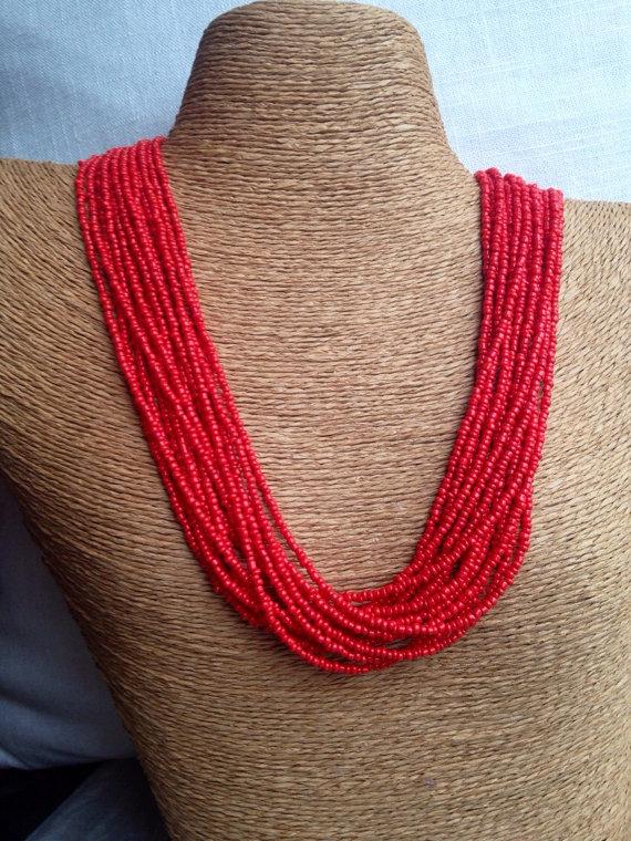 زفاف - Red beaded necklace, red seed bead multi-strand necklace, red bridesmaids, red necklace, red multi-strand, red bridal party, holiday jewelry