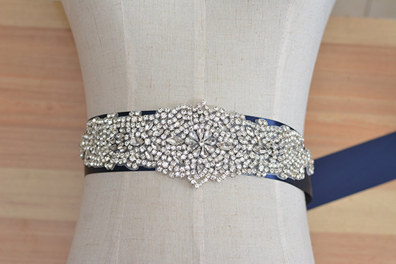 Hochzeit - rhinestone beaded bridal sash, crystal bridal sash, navy blue wedding sash, bridal belt, wedding belt, CHLOE rhinestone beaded bridal sash