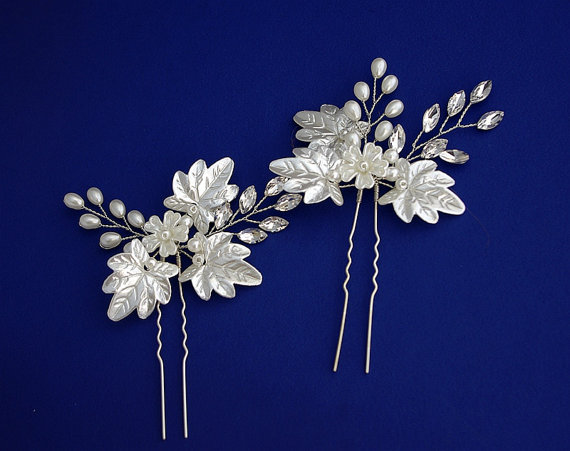 زفاف - Floral hair pin,  Art deco wedding headpiece, Bridal pearl hair comb. Wedding hair clip, Crystal hair pin, Pearl hair pin, SIlver