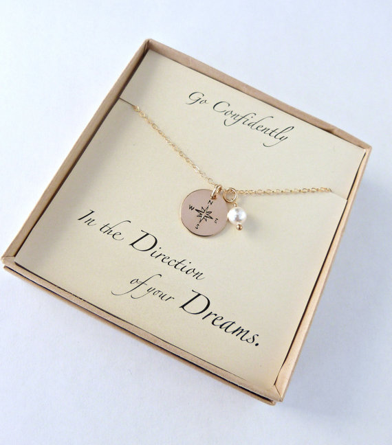 Hochzeit - Compass Necklace Bridesmaid Jewelry Gift box with Card Rose Gold Compass Necklace Gold Compass Necklace Silver Compass