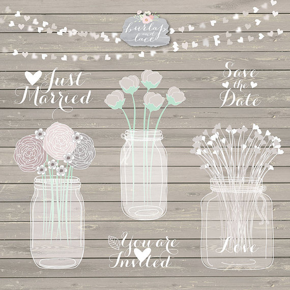 Mariage - Hand draw Mason Jar Wedding Invitation clipart, Rustic Mason Jar Country Wedding Invitations with Flowers, wood grain background