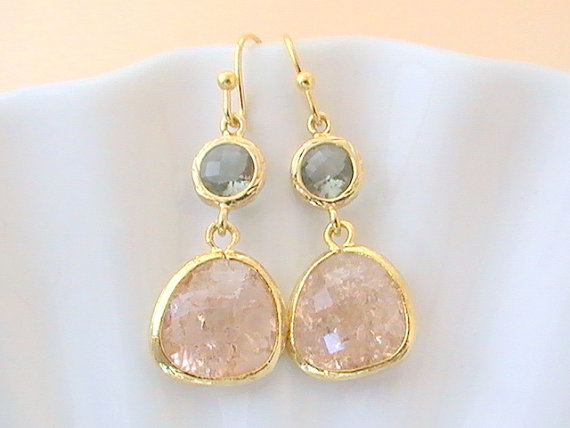 Hochzeit - Peach and Gray Earrings - Gold Champagne Charcoal Dangle Bridal Wedding Jewelry - Bridesmaid Maid of Honor Gift