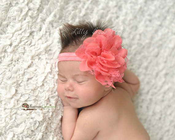 زفاف - Baby Headband, Newborn Headband, Coral Lace Flower headband, Preemie, Newborn, Infant,Toddler, Child, Wedding, Baptism, Hair Bows, headbands