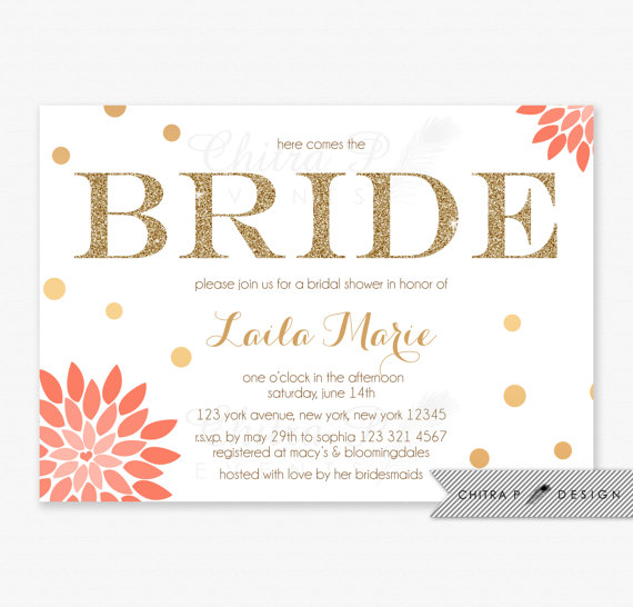 Свадьба - Coral & Gold Bridal Shower Invitations - Printed, Confetti Orange Bride Glitter Bachelorette Party Here Comes the Bride Sparkle - #010