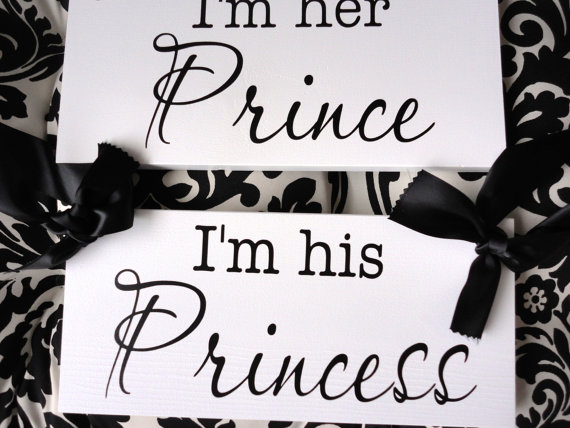 Wedding - I'm her Prince & I'm his Princess with Thank You on the back.  Wedding Chair, Seating Signs, Reception Signs, Photo Props. 2 signs, 2-sided.