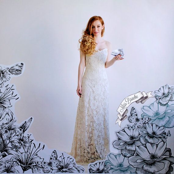 Hochzeit - Lace Cotton Guipure Wedding Dress Sweetheart A-line And Floor Length "Evangeline" Wedding Dress