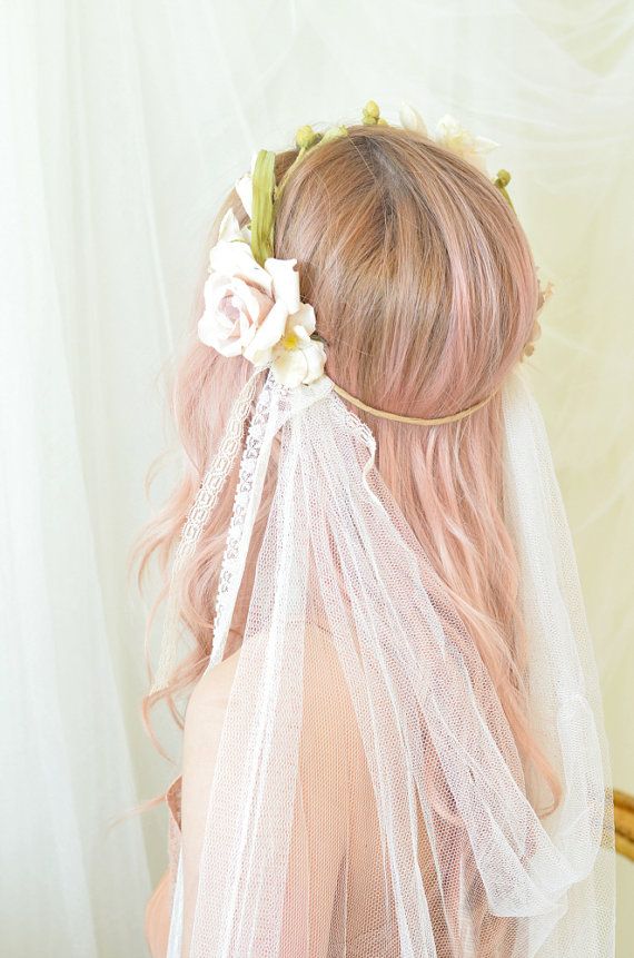 زفاف - Floral Crown Veil, Wedding Headpiece, Bridal Veil, Ivory Flower Halo, Pink Rose Crown, Art Nouveau Headdress, Wedding Accessory (LAST ONE)