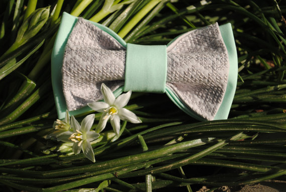 Wedding - Embroidered bowtie Mint gray pretied bow tie Groomsmen bow ties Men's bowtie Bow tie Gifts for brother Boys Unisex bowties Birthday gift boy