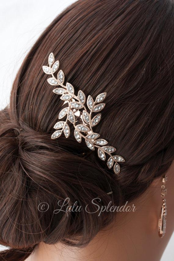 Mariage - Rose Gold Leaf Bridal Hair Comb Rhinestone  Crystal Leaves Rhinestone Wedding Hair Accessory Comb NEVE CLASSIC
