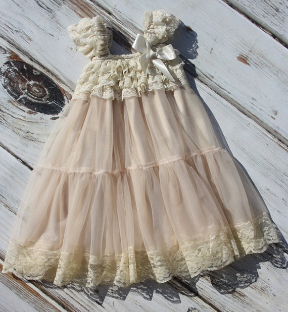 Hochzeit - Champagne Chiffon Girls Dress- Flower Girl Dresses- Cream dress- Lace dress- Rustic Girls Dress- Baby Lace Dress- Junior Bridesmaid