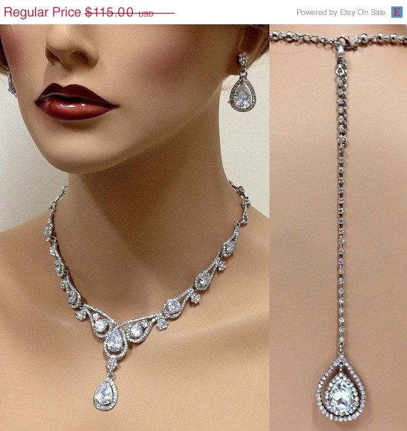 Hochzeit - Bridal jewelry set, Wedding jewelry, vintage inspired back drop necklace earrings, crystal necklace, bridesmaid jewelry set