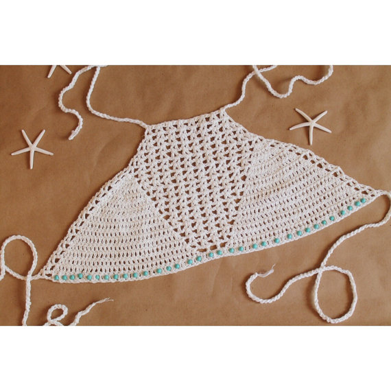 Mariage - DESERT SAND - White crochet knit halter crop top, turquoise beaded festival bralette bikini