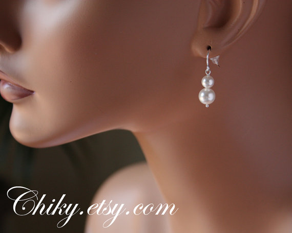 زفاف - Wedding Jewelry Earrings , Double pearls earrings - Sterling Silver , Bridal Earrings, Bridal jewelry , dainty earrings, delicate simple
