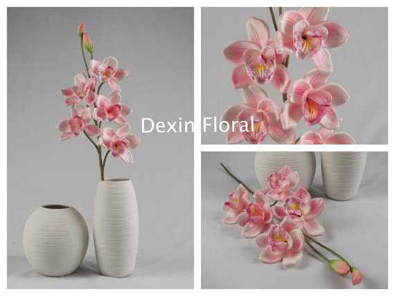 زفاف - Natural Real Touch Artificial Pink Cymbidium Orchid Single Stems With 5 open flowers 2buds, Centerpieces, Decorations