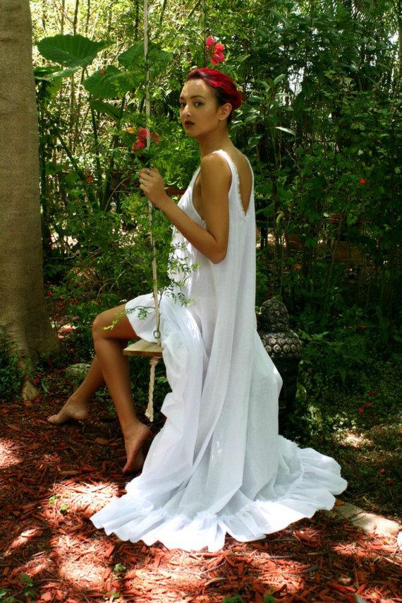 Wedding - 100% Cotton Nightgown Cottage Chic Ruffle White Summer Lingerie Romantic Sleepwear Honeymoon Cruise Beach Lounge Garden