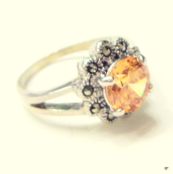 زفاف - PS, Size 4.25 Ring,1ct Champagne CZ,Sterling Silver Ring,Marcasite Halo, Promise Ring, Engagement Ring, Pinky Ring, Vintage Style, Victorian