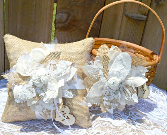 Hochzeit - PERSONALIZED Burlap Lace Ring Pillow and Flower Basket, Custom ring pillow and flower girl basket, Burlap and Lace Ring pillow, Flower Girl