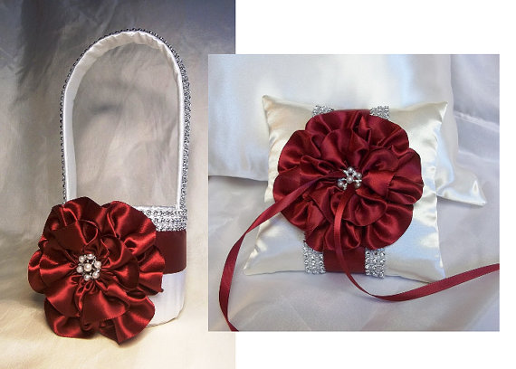 Wedding - Ivory Flower Girl Basket and matching Ring Bearer Pillow with Apple Red Satin Trim and Rhinestone Mesh handle and Trim