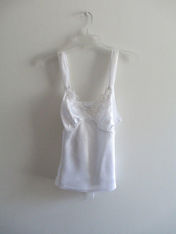 Mariage - Vintage White Lace Trim Tank Top Tie Back Cami Camisole Babydoll Sleepwear Lounge Lingerie Sz Medium