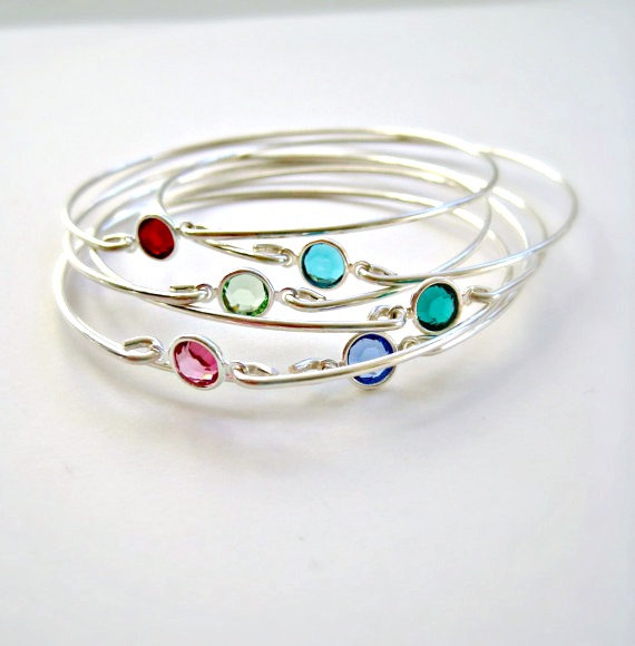 Wedding - Birthstone Bracelets Bangle Bridesmaid Jewelry Sterling Silver Mother's Bracelets Stacking Bangle