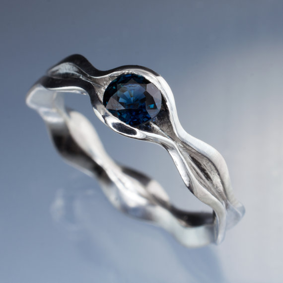 Wedding - Blue Sapphire Wave Wedding Engagement Ring in Palladium, Platinum, White Gold, Rose Gold or Yellow Gold, Unique Sapphire Engagement Ring