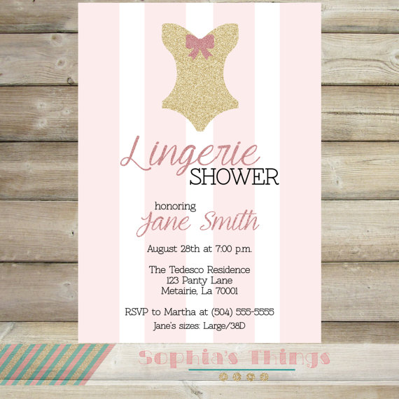 Hochzeit - Pink and Gold Glitter Bridal Lingerie Shower Invitation, Wedding Shower Invitation, Bridal Shower Invitation, Pink and White Stripes