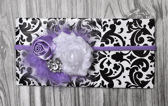Свадьба - Lavender baby headband shabby chic flower bling maribou feathers boutique newborn headband photo prop baby shower gift baby hairbows girl