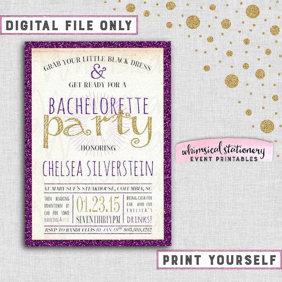 Wedding - Bachelorette Party Invitation "Sparkle On - Purple" Collection (Printable File Only) Last Fling Purple Gold Glitter Bachelorette Invite
