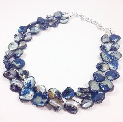 زفاف - Navy Blue textured Double Strand statement necklace - big beaded chunky jewelry - shell necklace