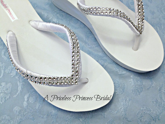 Hochzeit - Bridal Wedge Flip Flops White Ivory Beach Wedding Beach Wedding Shoes RhinestonesPlatform Girls Bridesmaid, Bling Crystal