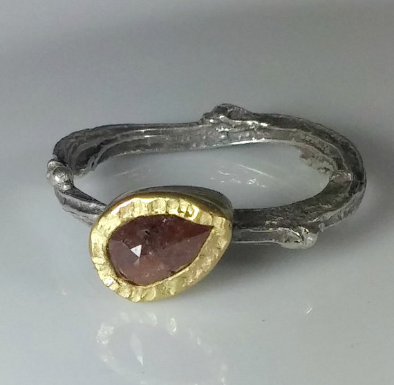 زفاف - rose cut diamond engagement ring, silver and yellow gold and diamond ring, natural diamond and 18 kt gold twig ring