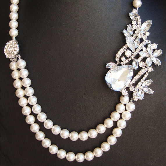 زفاف - Pearl Bridal Necklace,Wedding Necklace, Vintage Bridal Jewelry, Swarovski Pearl Necklace, Rhinestone Necklace,GEMMA