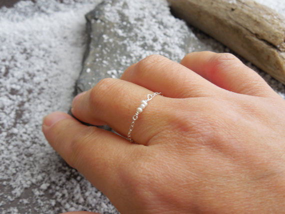 Свадьба - The most tiny pearls chain ring, sterling silver or gold filled, freshwater pearls, original engagement ring, wedding ring, made to order