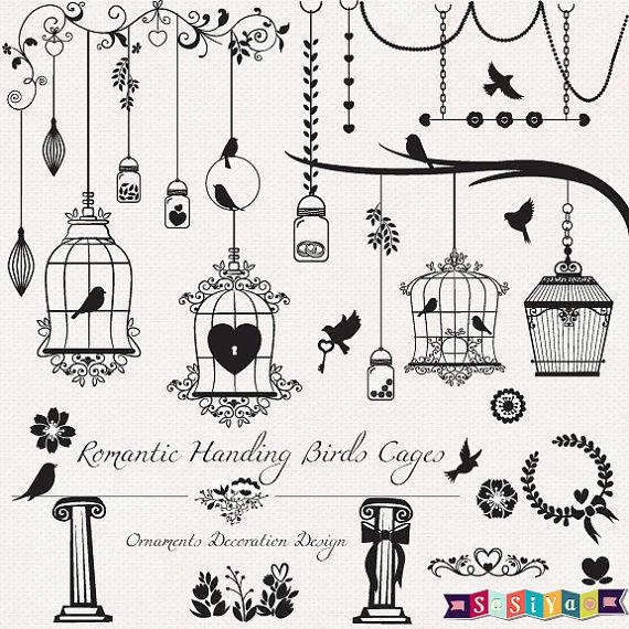 Hochzeit - Romantic Silhouette Birds Cage Design Decor Shower Invitation Card Elements Digital ClipArt Tags INSTANT DOWNLOAD WS414 Buy 1Get 1 Free