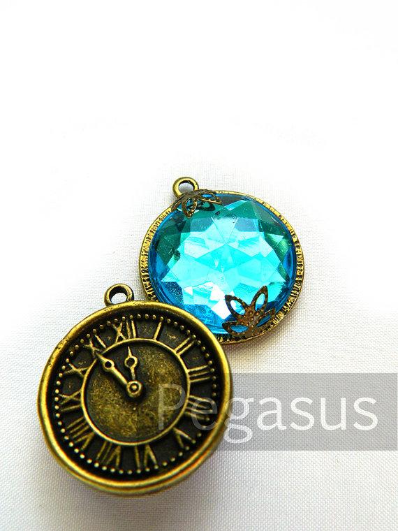 Wedding - STeampunk Time Travel Watch Teal BLUE Gem Pendant (1 Pieces) Double sided Jewelry  pendant for circlets, bracers, costume armor