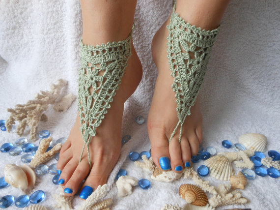 زفاف - Crochet Barefoot Sandals Beach Wedding  Yoga Shoes Foot Jewelry Green Mint